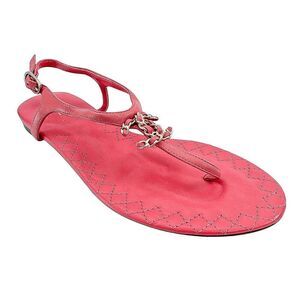 Chanel Interlocking C Pink Leather Thong Flat Sandals Gold Chain Detail EU 38